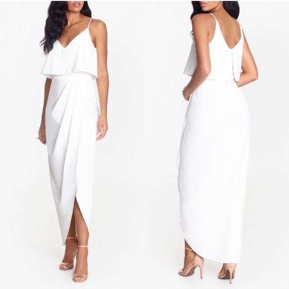 Xscape Scuba Crepe Popover Faux Wrap Gown In Ivory - Picture 1 of 6